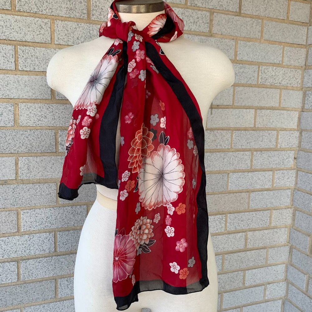 RED FLORAL OBLONG CHERRY BLOSSOMS SCARF 100% SILK ORIENTAL - Picture 5 of 5